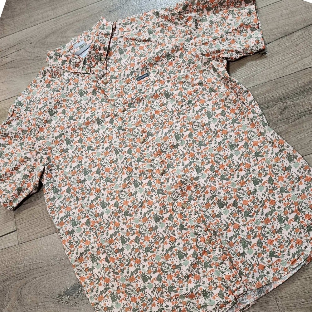 Columbia Men Floral Button Down Shirt Large Pink Orange Short Sleeve Regular Fit